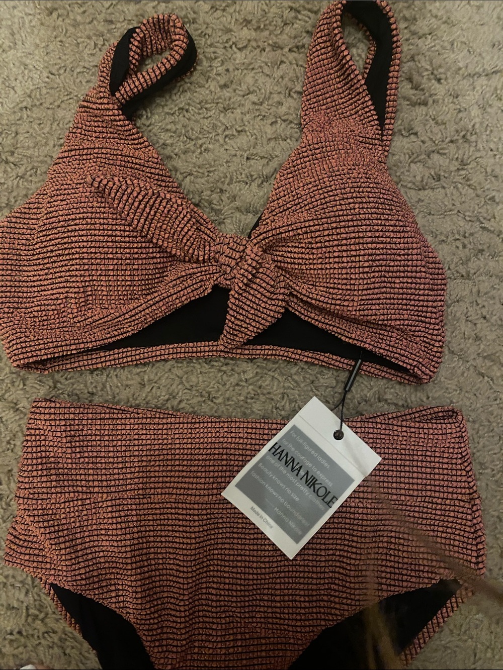 High-Waist Tie Front Bikini Top and Bottom - Rust - Picture 4 of 5